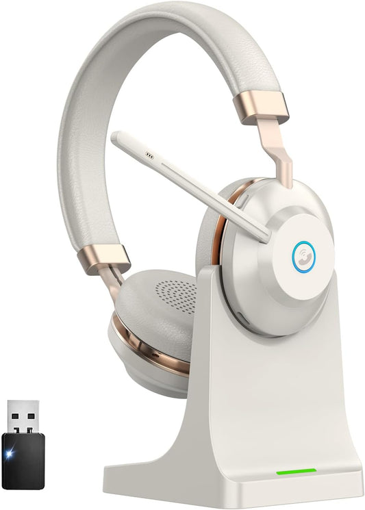 Wireless Headset with Mic for Work, Bluetooth Headset with Microphone Mute & Charging Dock, V5.2 Wireless Headphones with Mic Noise Canceling & USB Dongle, 45Hrs for Work/Meetings/Call Center/Office