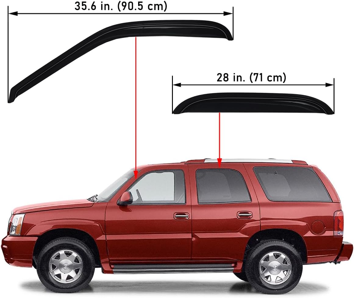 Lightronic Extra Durable Tape-on Auto Vent Window Visor, Fit 2000-2006 Chevrolet Tahoe & GMC Yukon, 2001-2006 Yukon Denali, 2002-2006 Cadillac Escalade, Original Wind Deflector Rain Guard, Smoke, 4Pcs