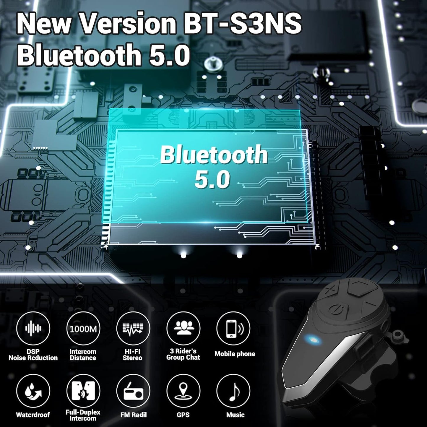 Motorcycle Bluetooth Headset BT-S3NS 1000m Motorcycle Helmet Bluetooth Radio Intercom Wireless Interphone to 2-3 Riders (Waterproof/Handsfree/Stereo Music/FM Radio/GPS/MP3 (1 Pack)