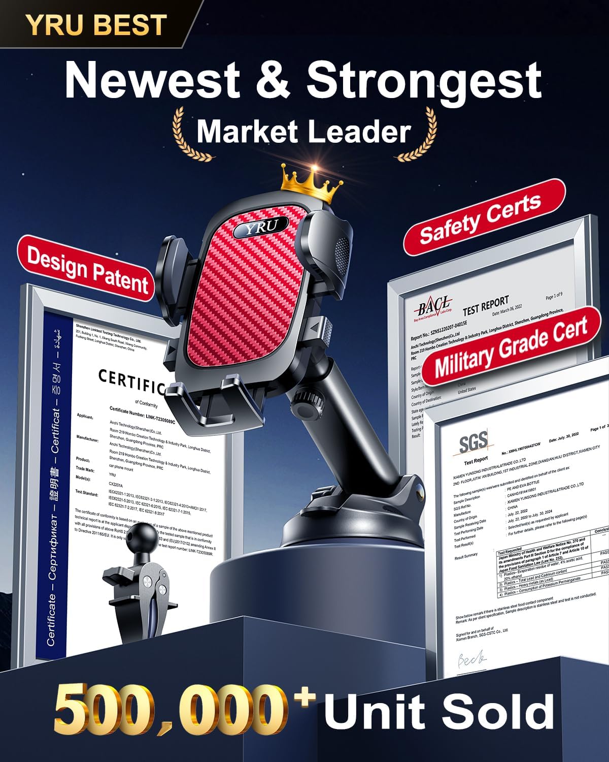 YRU [True Military-Grade & 360 Degrees Rotatable Suction 2025 Ultimate Car Phone Holder Mount 【90+LBS Safest Strongest & Patent Certs】 Dashboard Windshield Vent for iPhone 16 15 Pro Max Samsung, Red