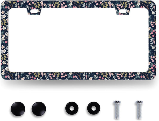 Blue Floral Flowers License Plate Frame Beautiful Flower License Plate Holder for Personalise Women Car Decorative Stainless Steel Colorful License Plate Auto Parts with Screws 12.2" x 6.2"